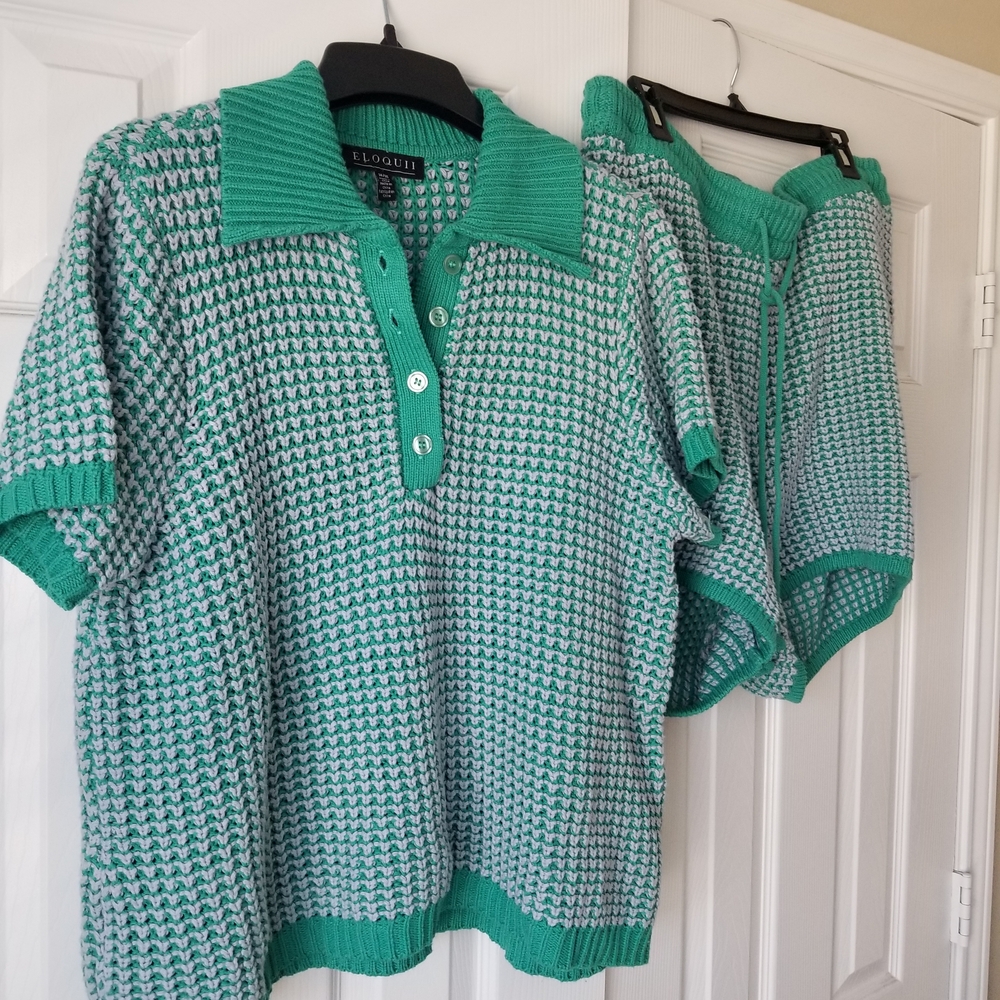 Eloquii Green and White Knit Top and Shorts Set